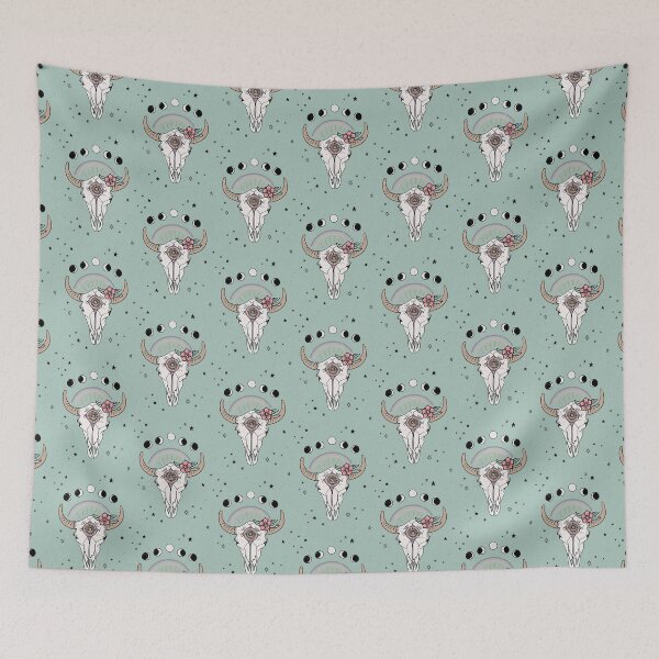 Item preview, Boho Tribal Cow Skull with Flowers - dusty mint green designed and sold by misentangled.