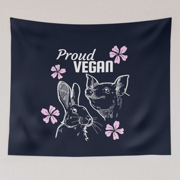 Item preview, Proud vegan text with some pink flowers and pig and a rabbit designed and sold by Purr95.