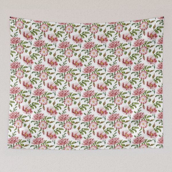 Item preview, Beautiful watercolor floral seamless pattern with pink rose hips and green leaves on the white background.  designed and sold by BananiLettering.