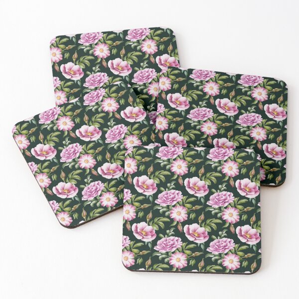 Item preview, Beautiful watercolor flower seamless pattern with pink rose hips and green leaves on the dark green background.  designed and sold by BananiLettering.