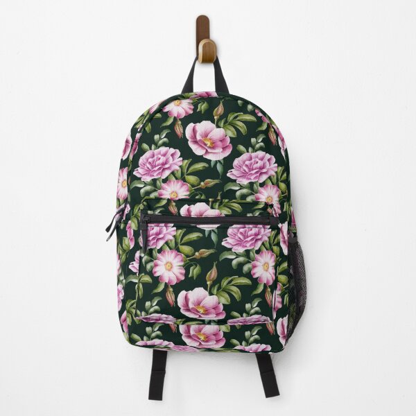 Item preview, Beautiful watercolor flower seamless pattern with pink rose hips and green leaves on the dark green background.  designed and sold by BananiLettering.