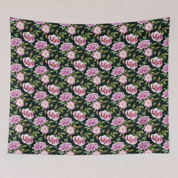 Item preview, Beautiful watercolor flower seamless pattern with pink rose hips and green leaves on the dark green background.  designed and sold by BananiLettering.