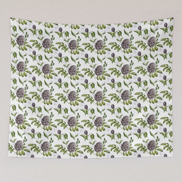 Item preview, Beautiful watercolor floral seamless pattern with purple artichoke, green leaves, and colored splashes on the white background. Elegant hand-drawn nature ornament. designed and sold by BananiLettering.