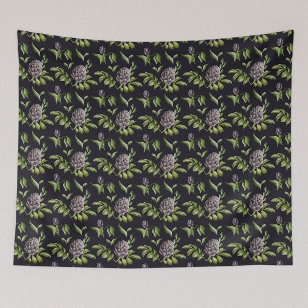 Item preview, Beautiful watercolor floral seamless pattern with purple artichoke and green leaves on the dark background. Elegant hand-drawn nature ornament. designed and sold by BananiLettering.