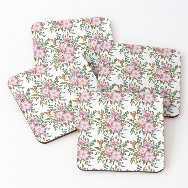 Item preview, Beautiful watercolor floral seamless pattern with bouquets of pink and lilac rose hips and green leaves on the white background. Elegant hand-drawn nature ornament. designed and sold by BananiLettering.