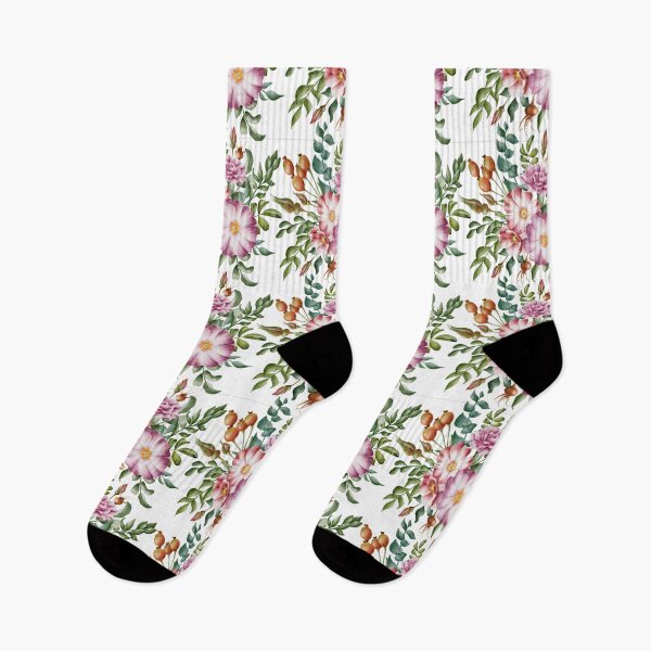 Item preview, Beautiful watercolor floral seamless pattern with bouquets of pink and lilac rose hips and green leaves on the white background. Elegant hand-drawn nature ornament. designed and sold by BananiLettering.