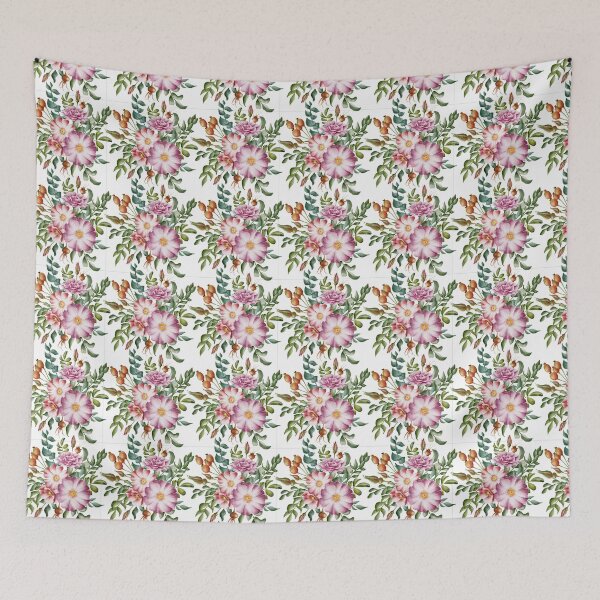 Item preview, Beautiful watercolor floral seamless pattern with bouquets of pink and lilac rose hips and green leaves on the white background. Elegant hand-drawn nature ornament. designed and sold by BananiLettering.