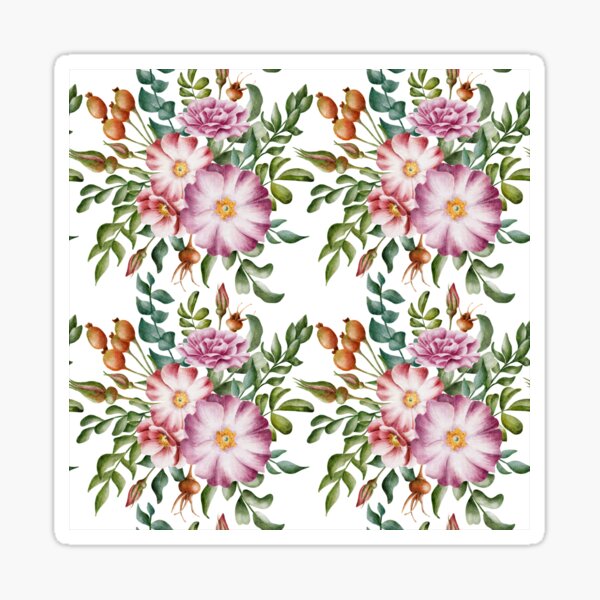 Item preview, Beautiful watercolor floral seamless pattern with bouquets of pink and lilac rose hips and green leaves on the white background. Elegant hand-drawn nature ornament. designed and sold by BananiLettering.