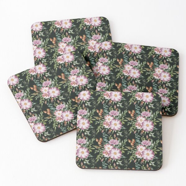 Item preview, Beautiful watercolor floral seamless pattern with bouquets of pink and lilac rose hips and green leaves on the black background. Elegant hand-drawn nature ornament. designed and sold by BananiLettering.