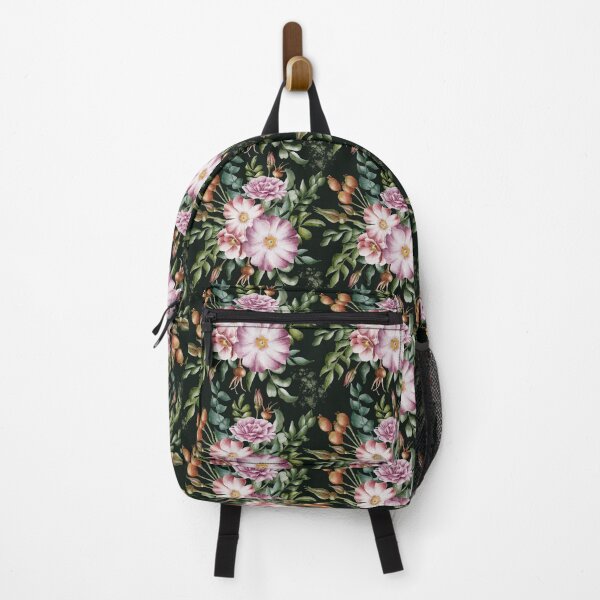 Item preview, Beautiful watercolor floral seamless pattern with bouquets of pink and lilac rose hips and green leaves on the black background. Elegant hand-drawn nature ornament. designed and sold by BananiLettering.