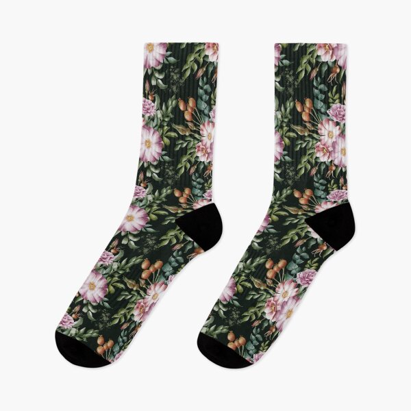 Item preview, Beautiful watercolor floral seamless pattern with bouquets of pink and lilac rose hips and green leaves on the black background. Elegant hand-drawn nature ornament. designed and sold by BananiLettering.