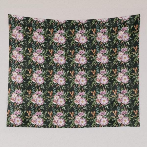 Item preview, Beautiful watercolor floral seamless pattern with bouquets of pink and lilac rose hips and green leaves on the black background. Elegant hand-drawn nature ornament. designed and sold by BananiLettering.