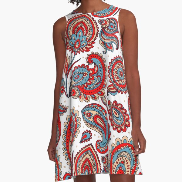 Teal and Red Vintage Ethnic Inspired Paisley A-Line Dress