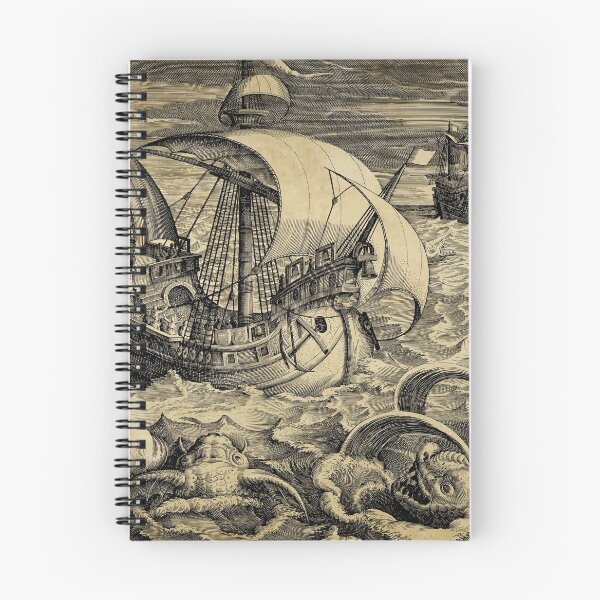 Item preview, Vintage ship surrounded by sea monsters. designed and sold by monsterplanet.