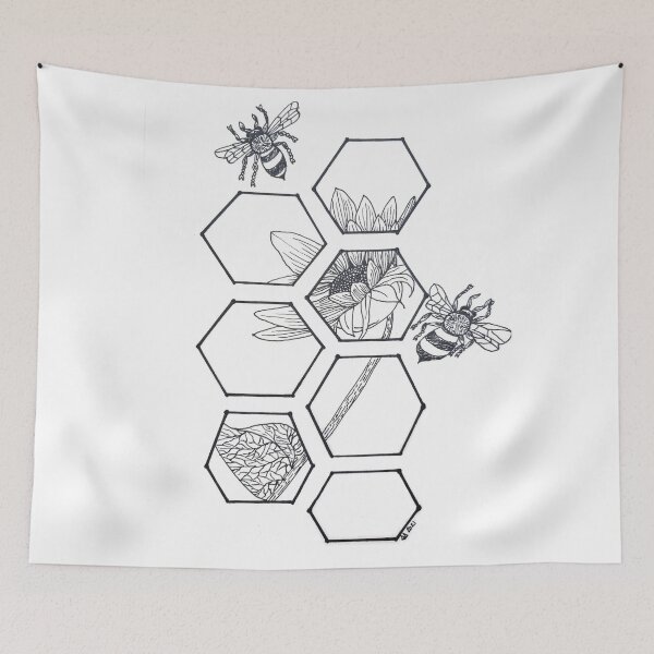 Item preview, Geometric Honeycomb Sunflower and Bees Drawing designed and sold by SoniasArtwork.