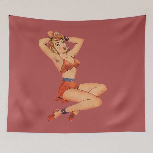 Item preview, Startled Girl, 1940s pin up, handcuffs, shackled, scared, halter top, Betty, damsel in distress designed and sold by Nostrathomas66.