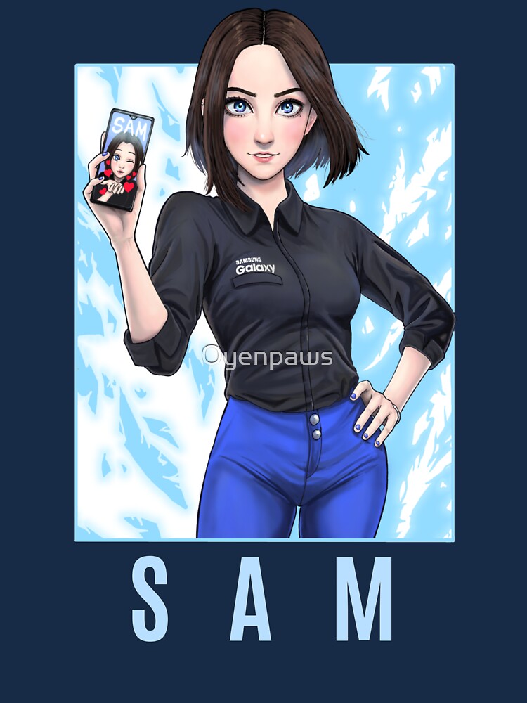 Sam (Samsung virtual assistant), fictional character, brunette, standing,  Miss Ally, women, hands on hips, shirt, artwork, CGI, digital art, fan art,  skinny jeans, watch, gradient, simple background