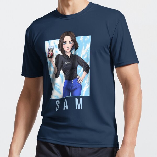 Sam (Samsung virtual assistant), fictional character, brunette, standing,  Miss Ally, women, hands on hips, shirt, artwork, CGI, digital art, fan art,  skinny jeans, watch, gradient, simple background