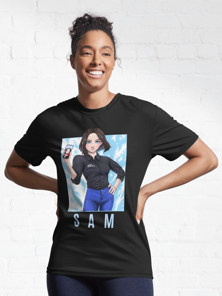 Sam (Samsung virtual assistant), fictional character, brunette, standing,  Miss Ally, women, hands on hips, shirt, artwork, CGI, digital art, fan art,  skinny jeans, watch, gradient, simple background