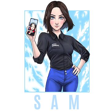 Sam (Samsung virtual assistant), fictional character, brunette, standing,  Miss Ally, women, hands on hips, shirt, artwork, CGI, digital art, fan art,  skinny jeans, watch, gradient, simple background