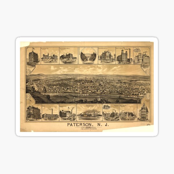 Vista previa del artículo con la obra «Mapa pictórico vintage de Paterson NJ (1880)», diseñado y vendido por BravuraMedia.