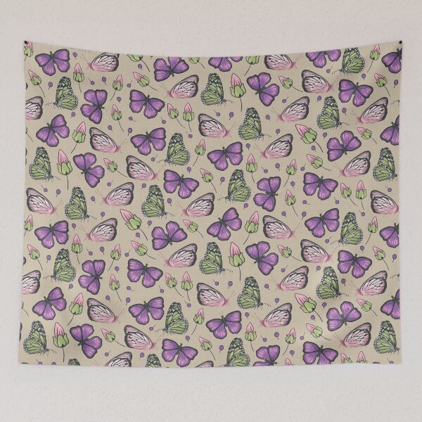 Item preview, Pattern of hand drawn butterflies in purple and green designed and sold by colorofmagic.