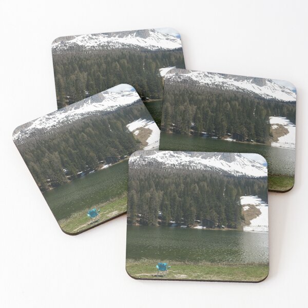 Item preview, The fabulous alpine lake of Misurina in the Dolomites. Lovely and relaxing place in the Italian Alps. Chair on the shore. Reflections in the rippled water. Sunny spring day. designed and sold by Maurizio Fabbroni.
