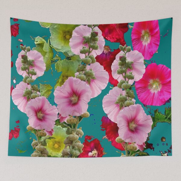 Item preview, TEAL COLOR PINK HOLLYHOCKS  FLORAL GARDEN ABSTRACT ART designed and sold by sharlesart.