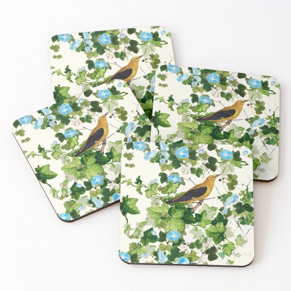 Item preview, YELLOW BIRD AMONG IVY LEAVES AND  MORNING GLORIES Blue Green White Floral designed and sold by BulganLumini.