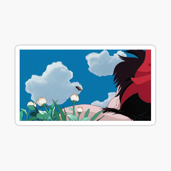 Retro Anime Girl Lying Down in Flowers  Sticker