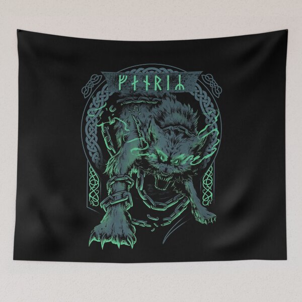 Item preview, Fenrir Wolf Norse Futhark Runes Viking Mythology Ragnarok Green designed and sold by BluePagan.