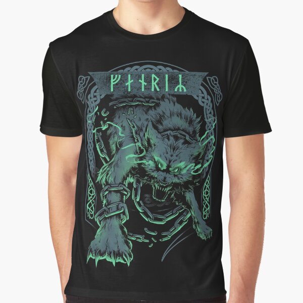 Aperçu de l'œuvre Fenrir Loup Runes Futhark Nordiques Mythologie Viking Ragnarok Vert créée et vendue par BluePagan.