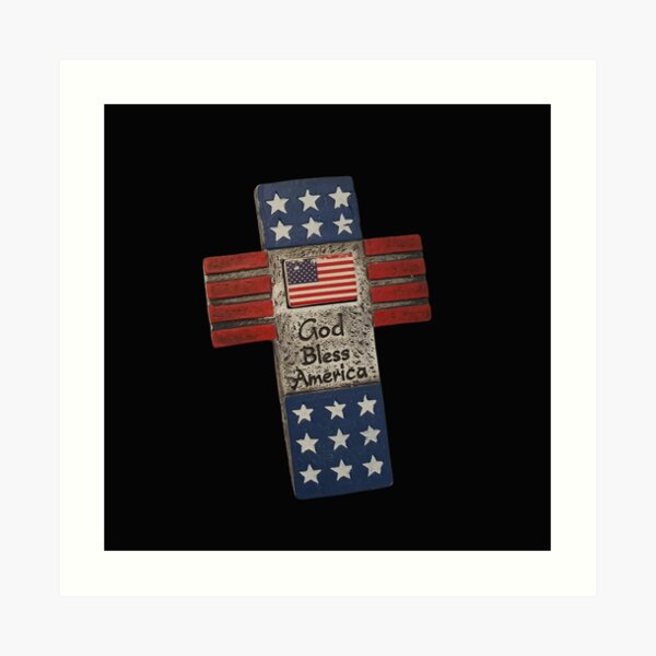 Vintage God Bless America Typography and Cross illustration Art Print