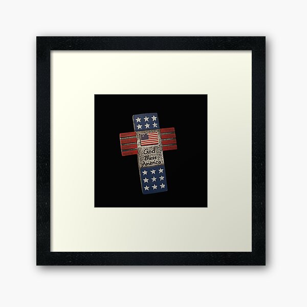 Vintage God Bless America Typography and Cross illustration Framed Art Print