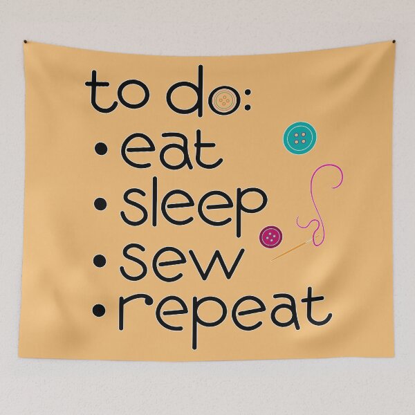 Item preview, Calling all sewists! Eat Sleep *Sew* Repeat, with Needle, Thread, Buttons icons on dusky yellow designed and sold by Susan Marie Williams.