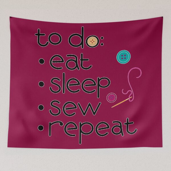 Item preview, Calling all sewists! Eat Sleep *Sew* Repeat, with Needle, Thread, Buttons icons on rich burgundy designed and sold by Susan Marie Williams.