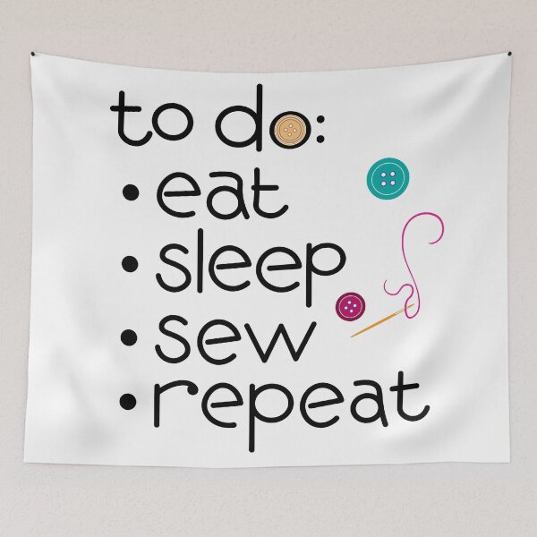Item preview, Calling all sewists! Eat Sleep *Sew* Repeat, with Needle, Thread, Buttons icons on white designed and sold by Susan Marie Williams.