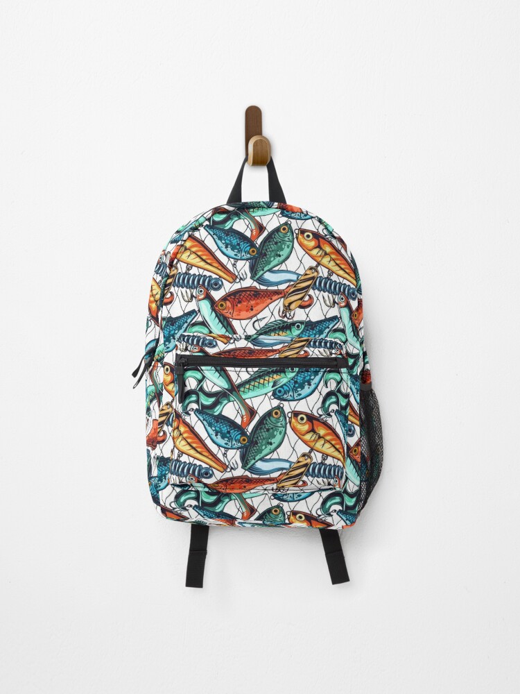 Gone Fishing Lure and Fish Net Pattern Backpack for Sale by