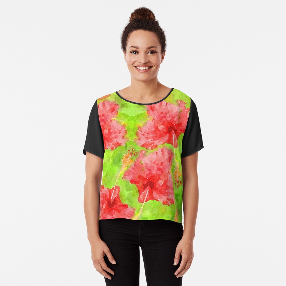 Watercolor Red Hibiscus Tropical Aloha Botanical Chiffon Top