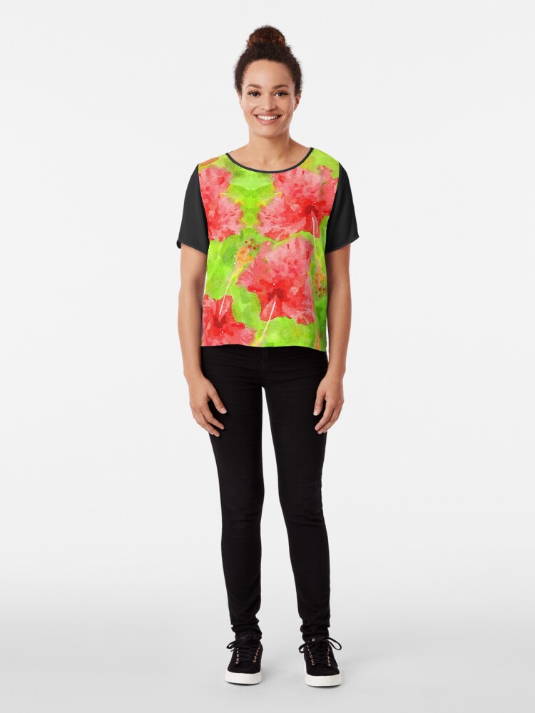 Alternate view of Watercolor Red Hibiscus Tropical Aloha Botanical Chiffon Top