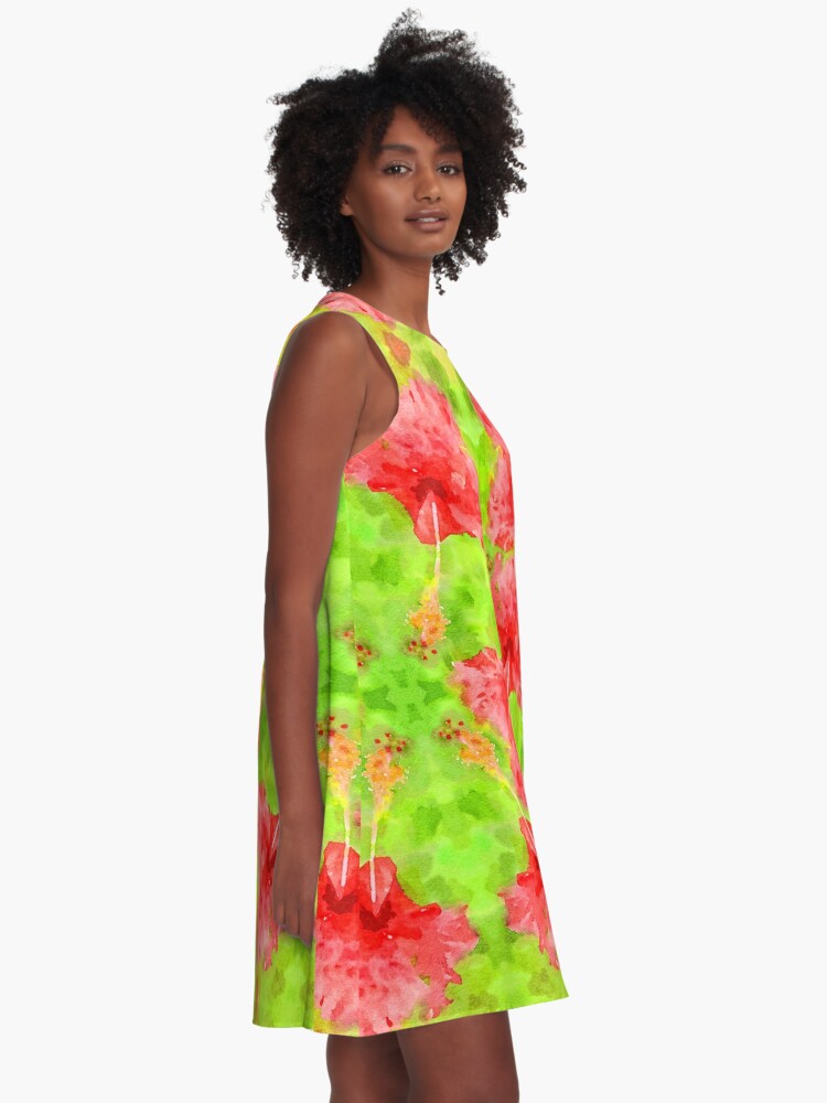 Alternate view of Watercolor Red Hibiscus Tropical Aloha Botanical A-Line Dress
