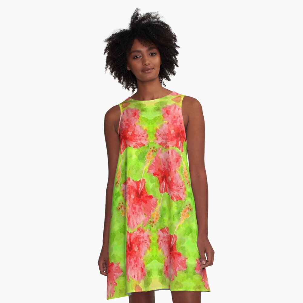 Watercolor Red Hibiscus Tropical Aloha Botanical A-Line Dress