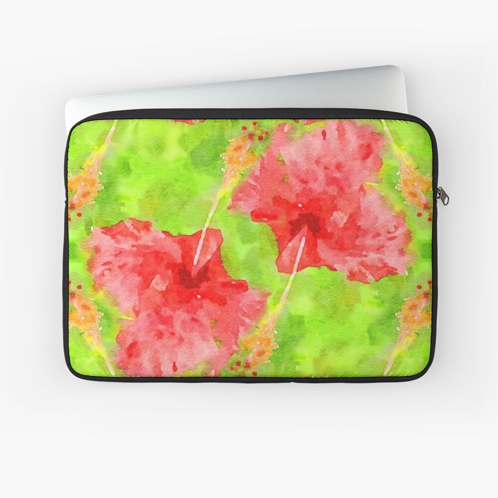 Watercolor Red Hibiscus Tropical Aloha Botanical Laptop Sleeve