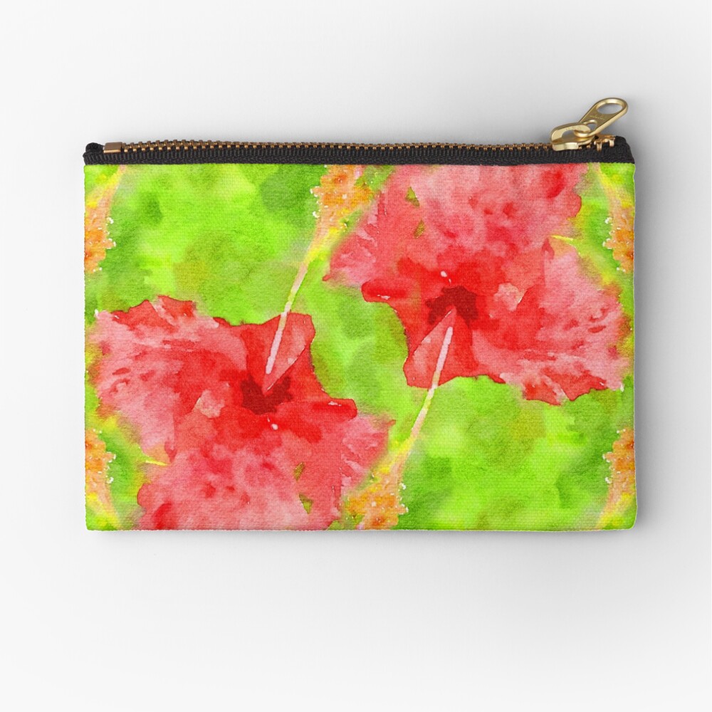 Watercolor Red Hibiscus Tropical Aloha Botanical Zipper Pouch