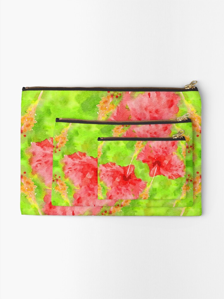 Alternate view of Watercolor Red Hibiscus Tropical Aloha Botanical Zipper Pouch