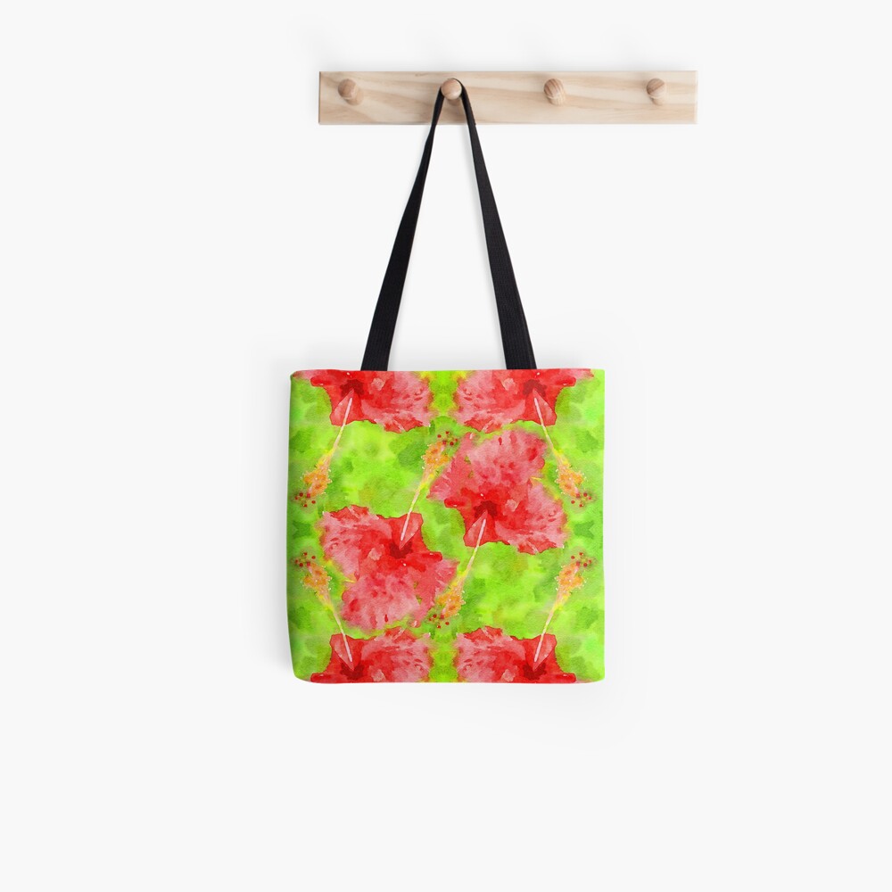 Watercolor Red Hibiscus Tropical Aloha Botanical Tote Bag