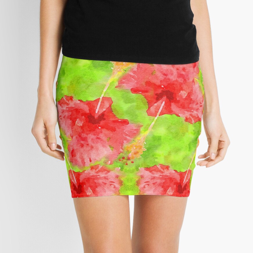 Watercolor Red Hibiscus Tropical Aloha Botanical Mini Skirt