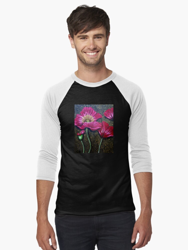 Thumbnail 1 of 3, Baseball ¾ Sleeve T-Shirt, Red Poppies designed and sold by Cherie Roe Dirksen.
