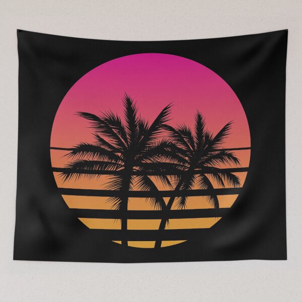 Item preview, Vintage Styled Sunset with Palm Trees Silhouettes Logo Icon Gesign Template Black Background Vaporwave Sun designed and sold by Peekonet.