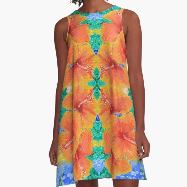 Hand-Painted Tropical Orange Hibiscus Botanical A-Line Dress